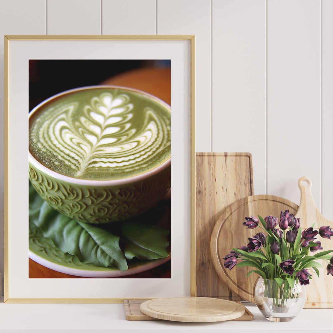 Matcha Latte Leaf Art Embossed Green Cup Cozy Tea Drink Poster - Image 4