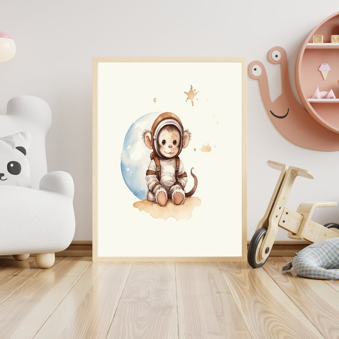 Cute Baby Monkey Astronaut In Front Of Moon Watercolor Nursery Poster - Image 4