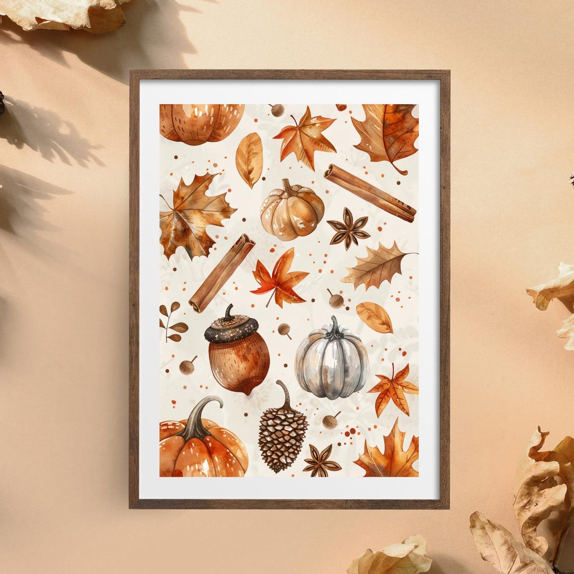 Autumn Pumpkins Acorns Cinnamon Pinecones Watercolour Fall Poster