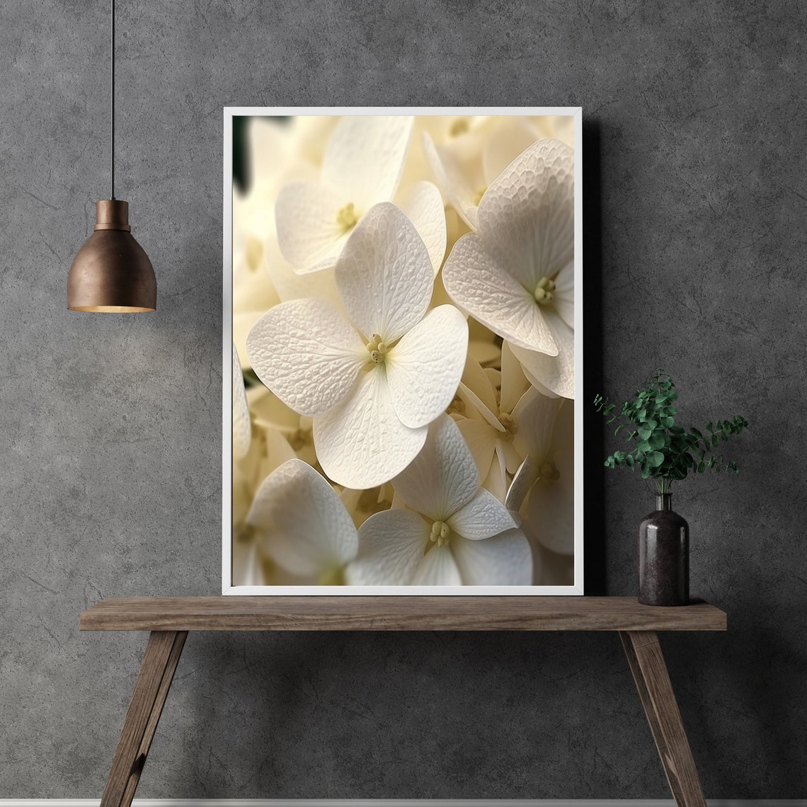 White Hydrangea Blossom Macro Botanical Photography Wall Art - Image 3