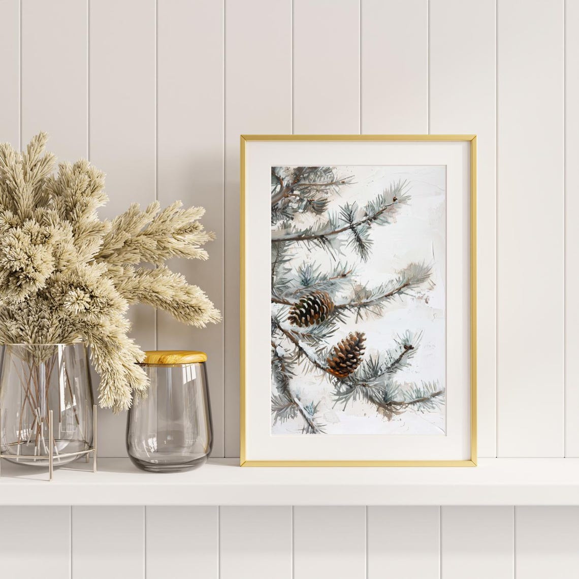 Snowy Pine Branches Pine Cones Soft Winter Watercolor Poster - Image 3