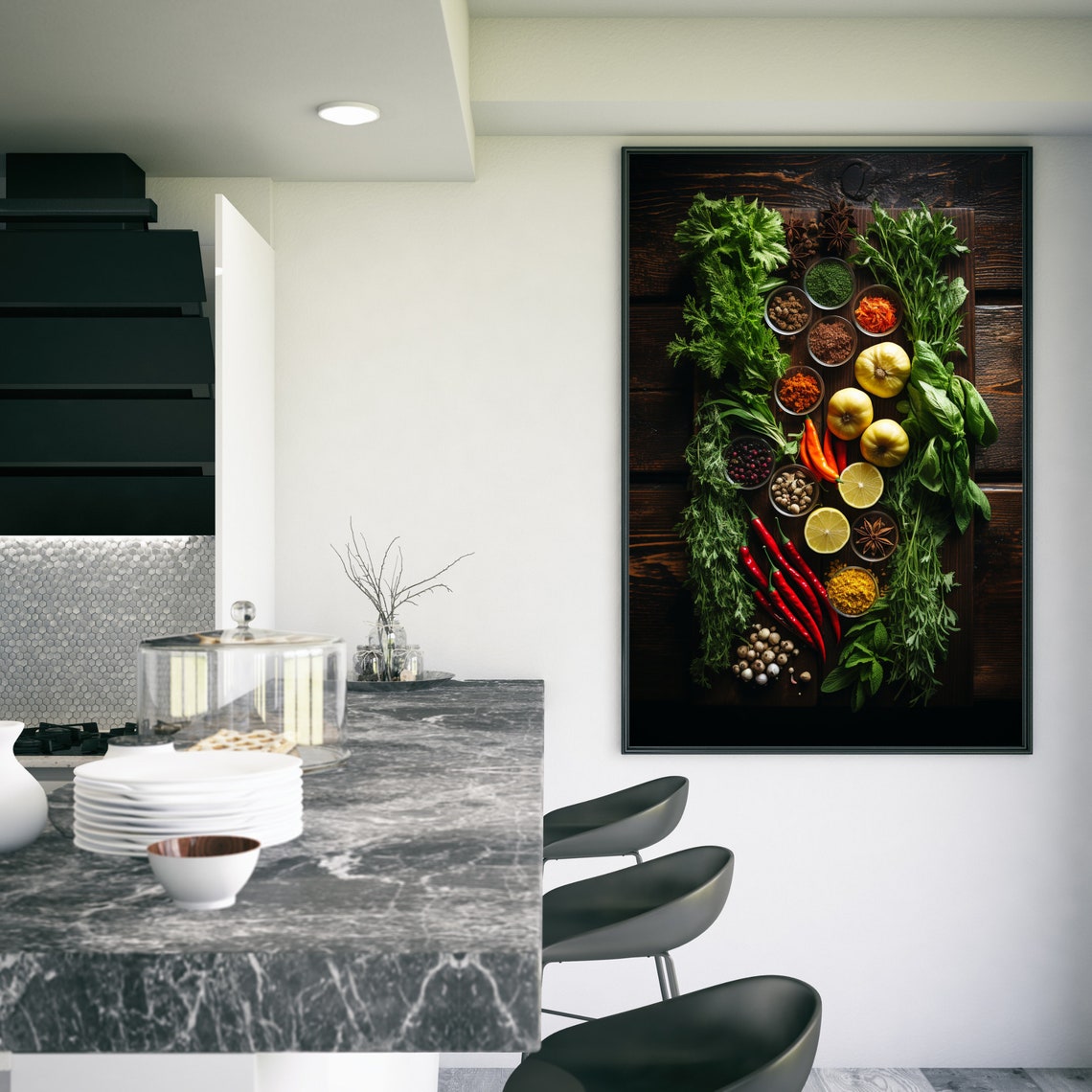 Colorful Spices Herbs Flat Lay Dark Wood Kitchen Wall Poster - Image 3