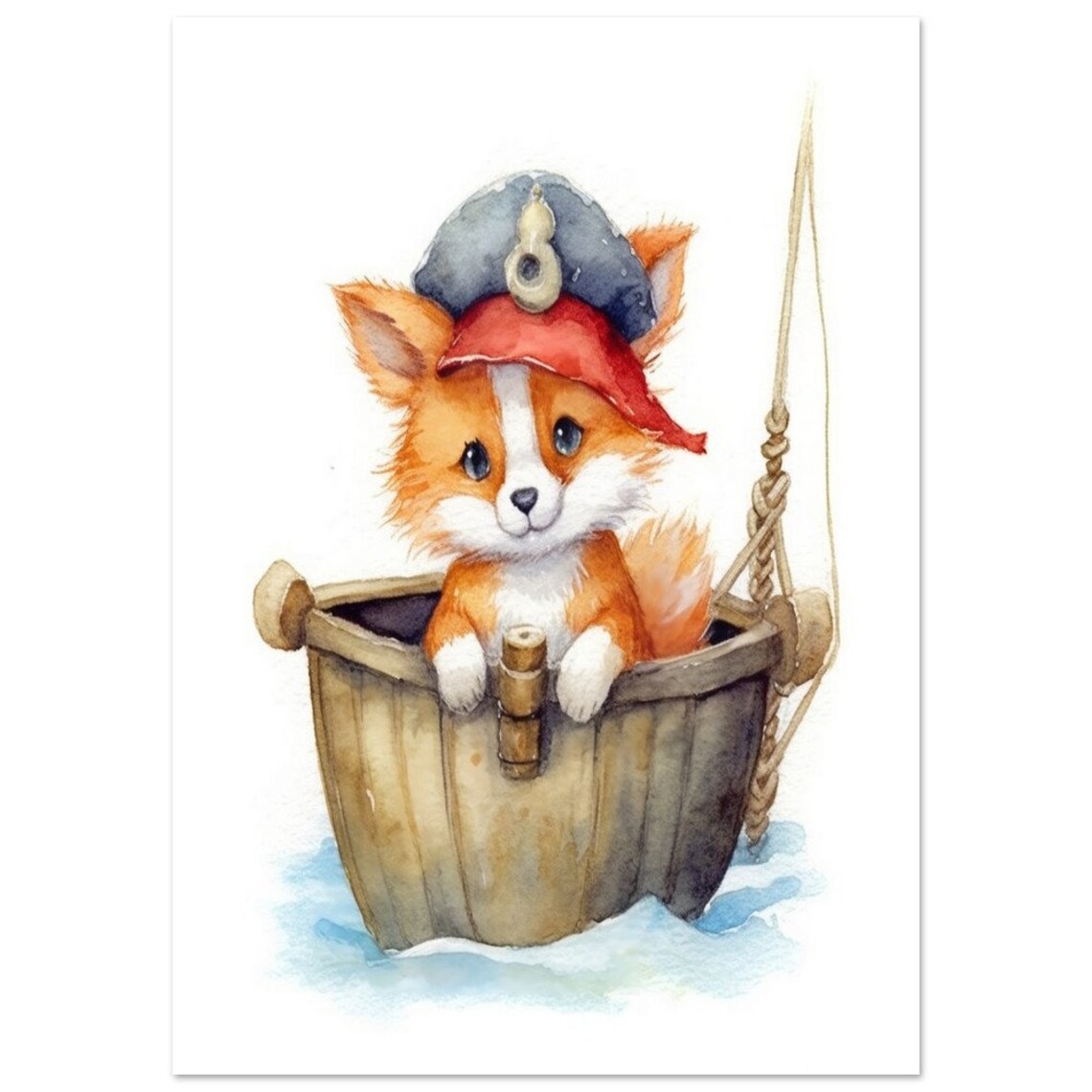 Baby Fox Sailor in Wooden Bucket Watercolor Nursery Art Poster - Image 2