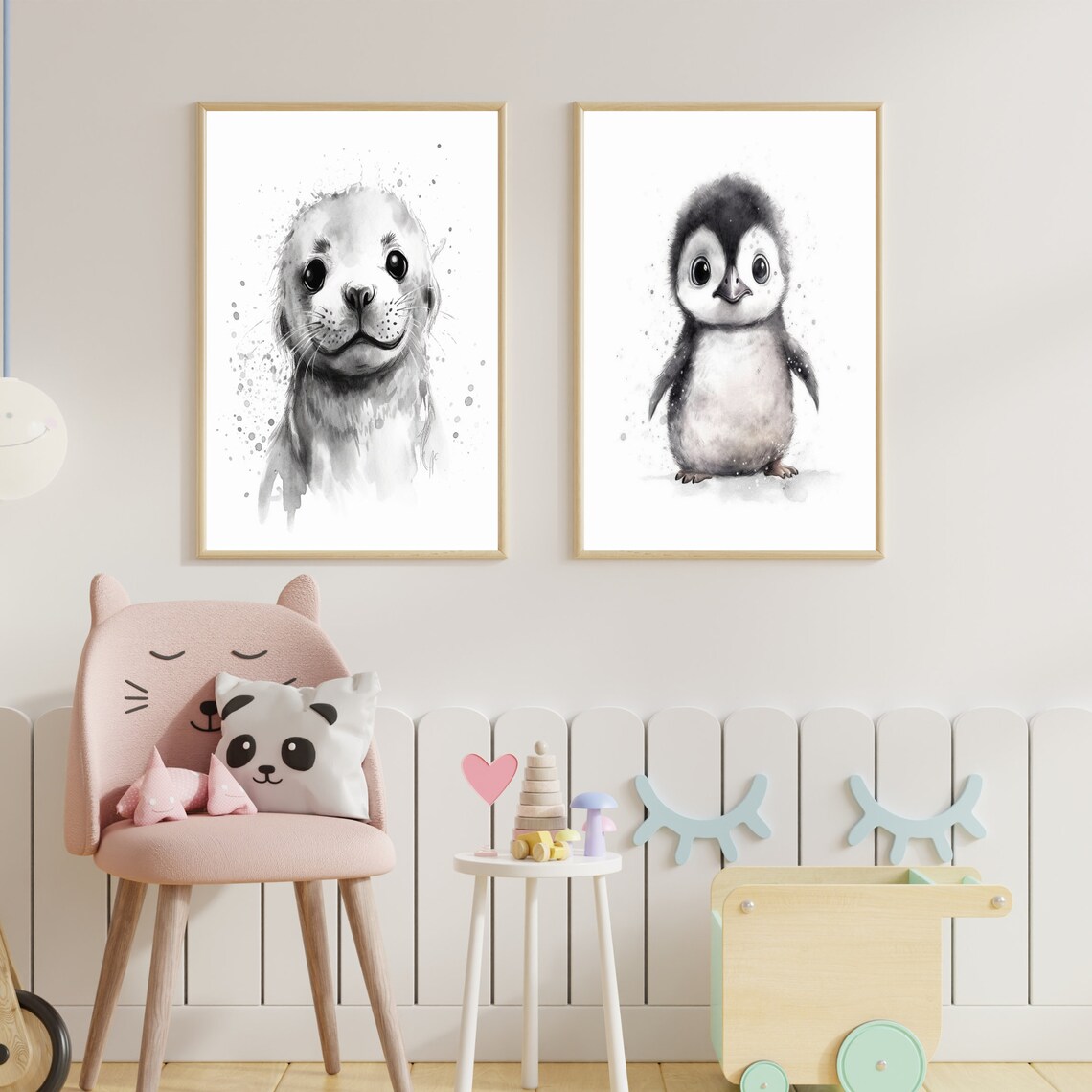 Black and White Baby Penguin Watercolor Portrait Nursery Art Poster - Image 3