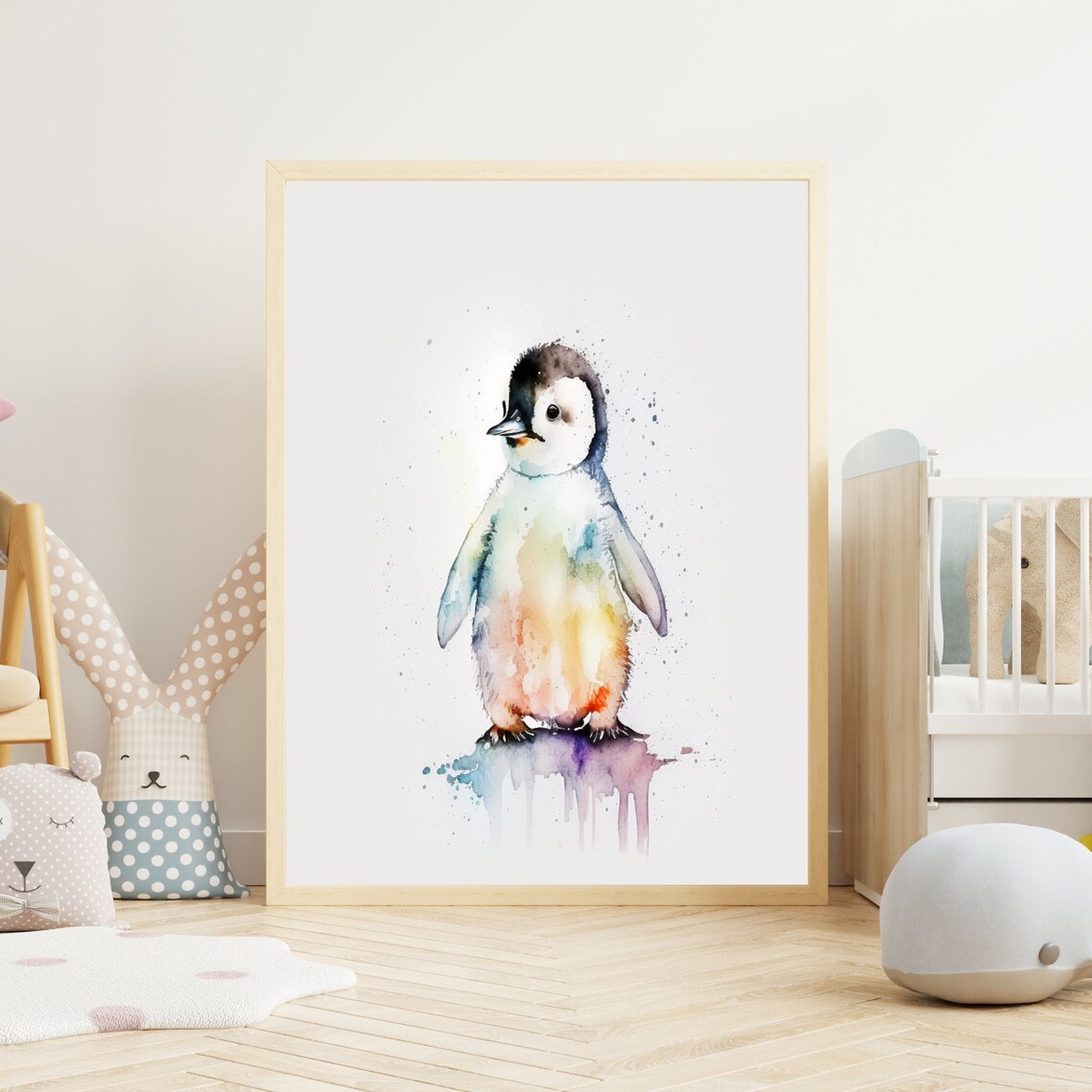 Cute Rainbow Watercolor Baby Penguin Splash Nursery Art Poster