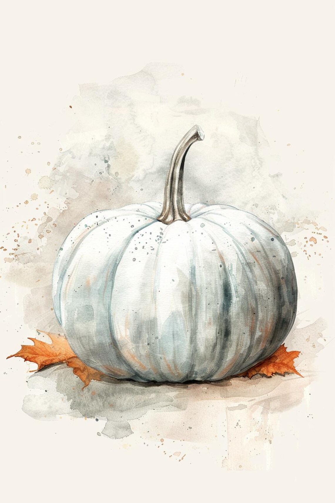 White Pumpkin With Fall Leaves Watercolour Autumn Harvest Poster - Image 2