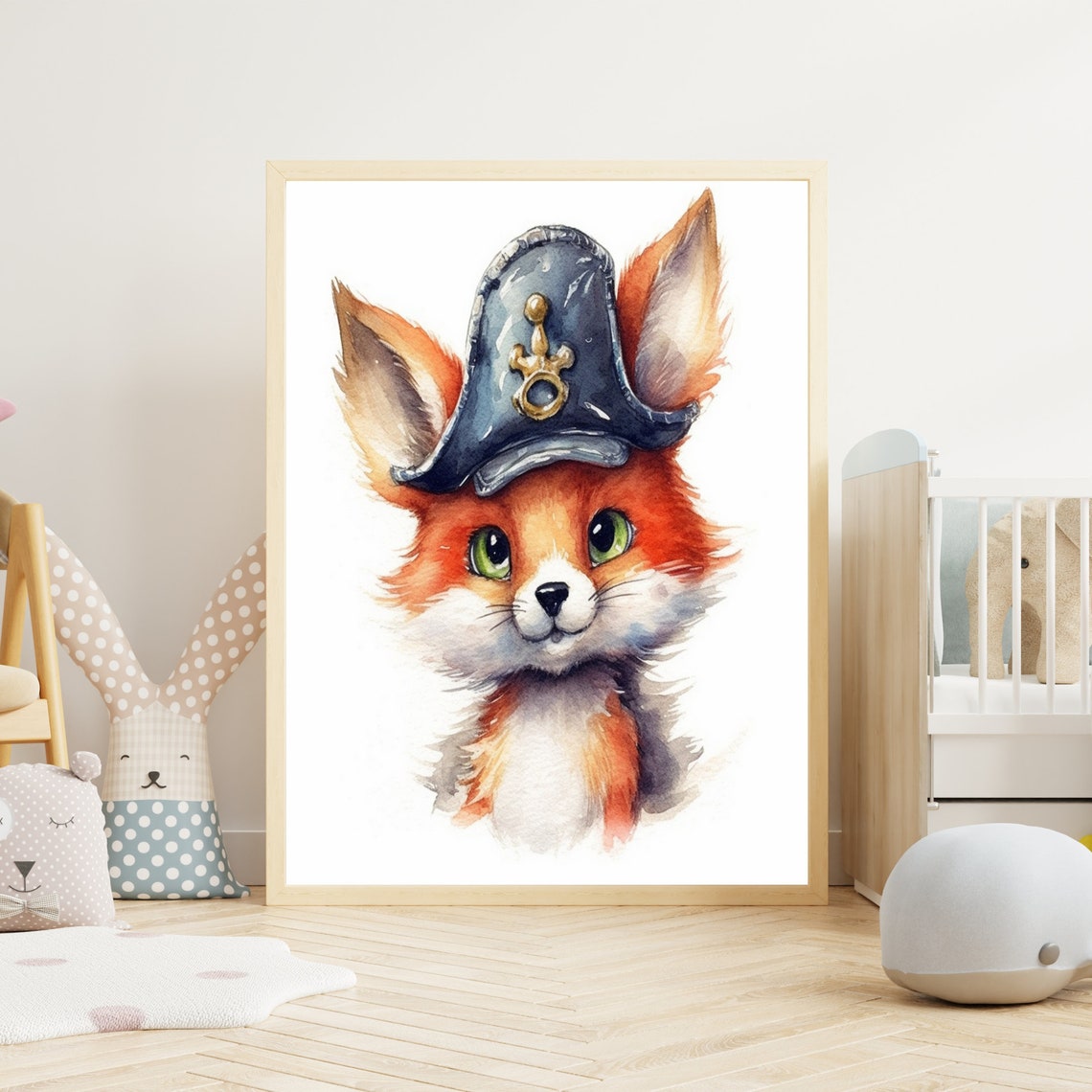 Cute Baby Fox In Pirate Captain Hat Watercolor Nursery Poster