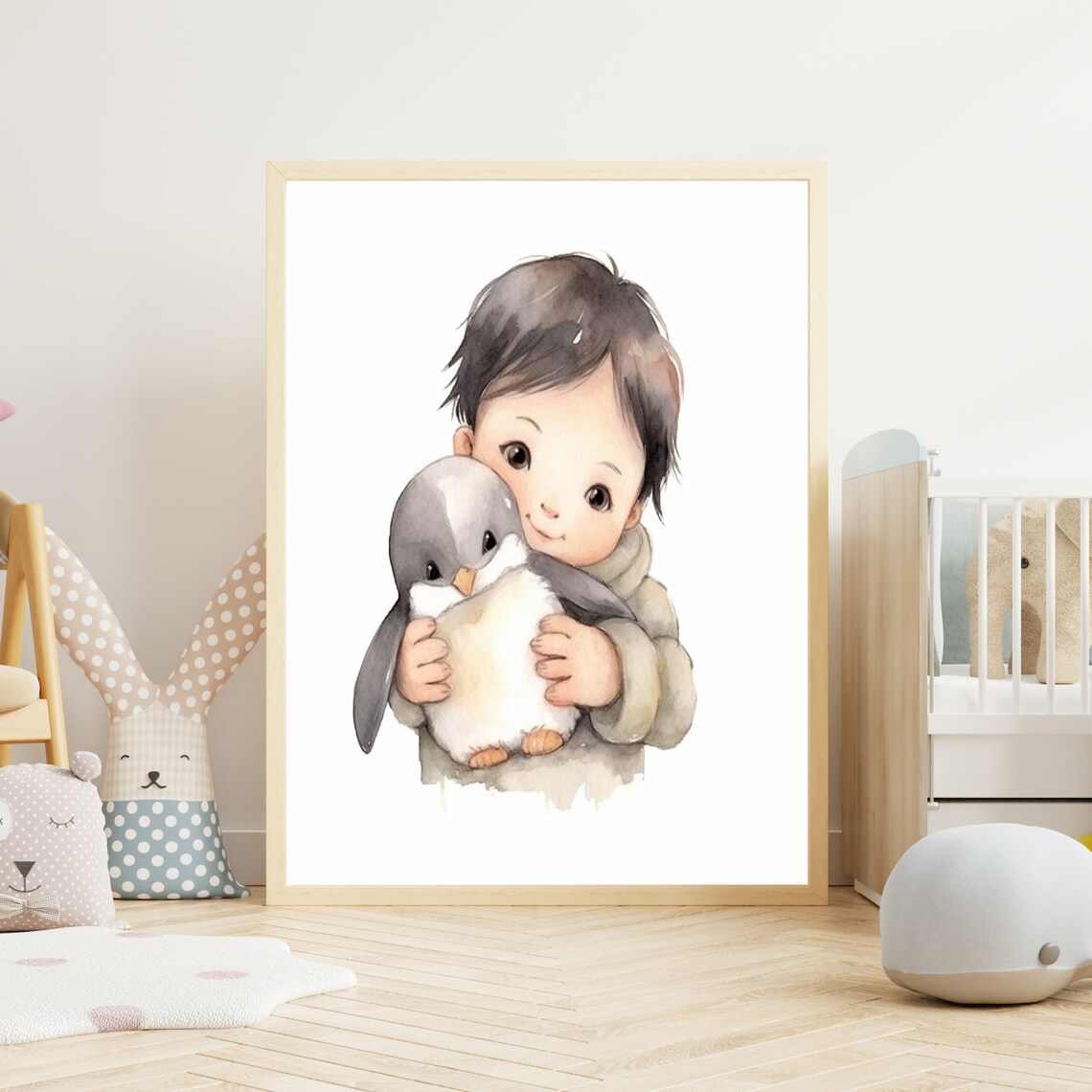 Sweet Child Hugging Baby Penguin Watercolor Nursery Art Poster