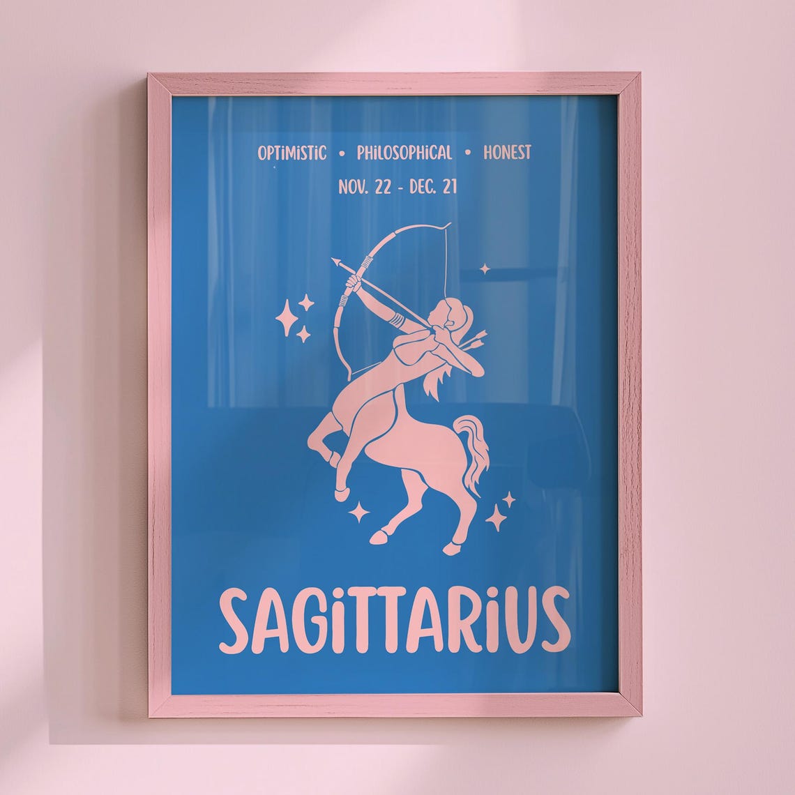 Sagittarius Zodiac Centaur Archer Pink Line Art Blue Star Sign Poster