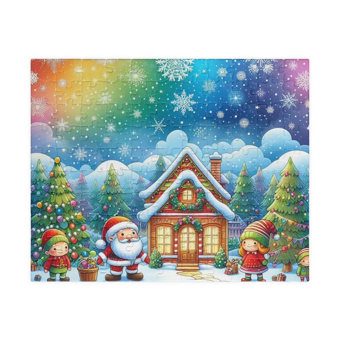 Christmas Jigsaw Puzzle Santa Snowy Cottage Rainbow Sky Festive Poster - Image 2