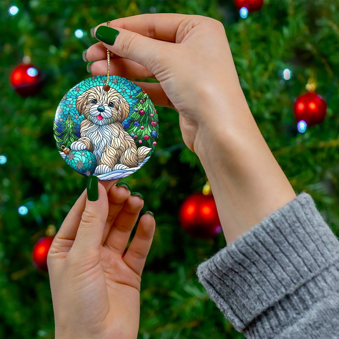 Stained Glass Style Puppy Christmas Ornament Festive Poster Design - Image 2