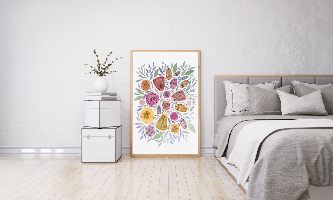 Colorful Botanical Doodle Flowers Watercolor Pattern Nursery Poster - Image 4