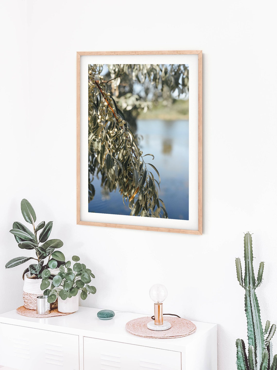 Silver Green Branches With Berries Over Calm Water Nature Poster - Image 4
