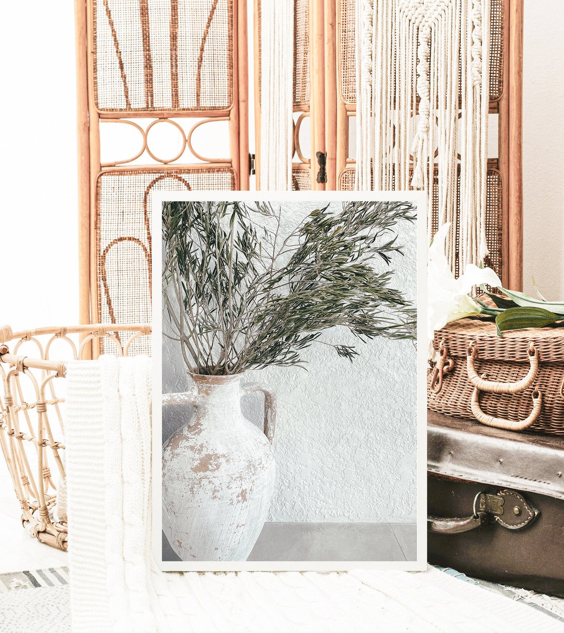 Rustic White Clay Vase With Olive Branches Minimal Still Life Poster - Image 4