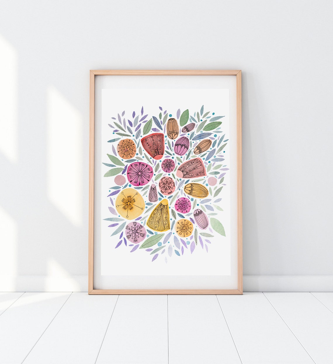 Colorful Botanical Doodle Flowers Watercolor Pattern Nursery Poster - Image 3