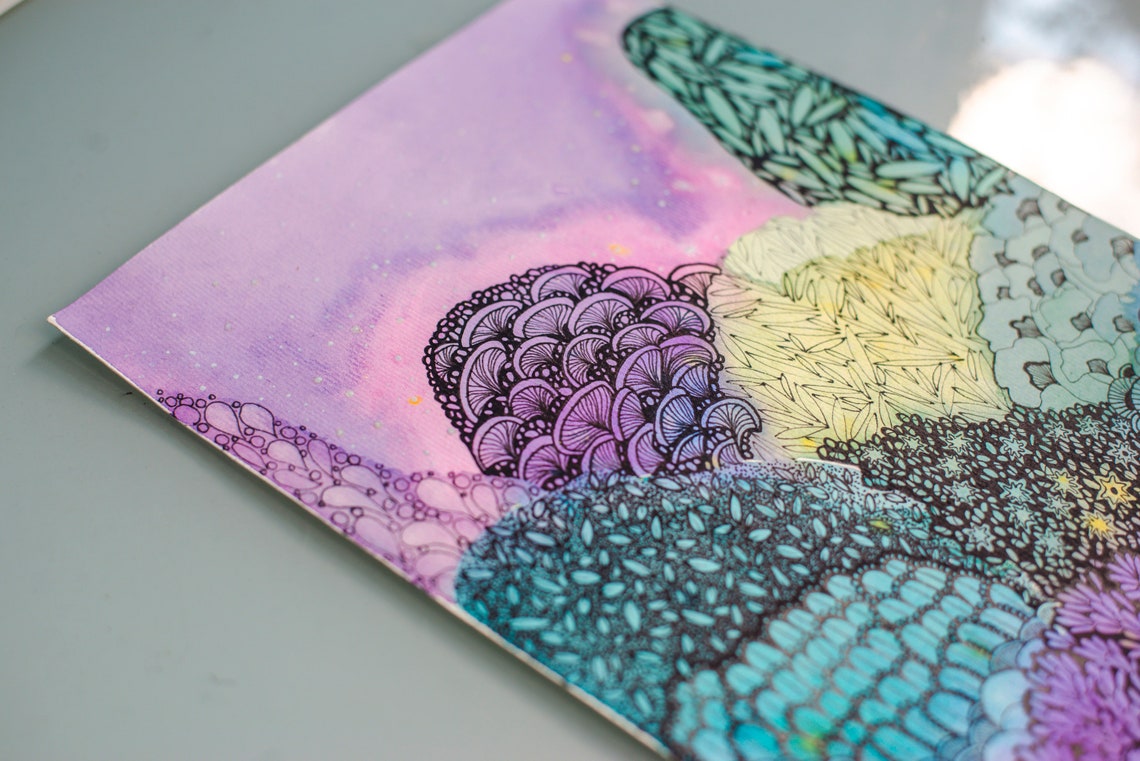 Purple Teal Doodle Mountain Landscape Zentangle Style Art Poster - Image 2