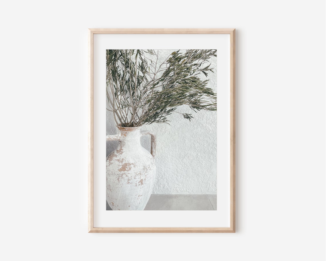 Rustic White Clay Vase With Olive Branches Minimal Still Life Poster