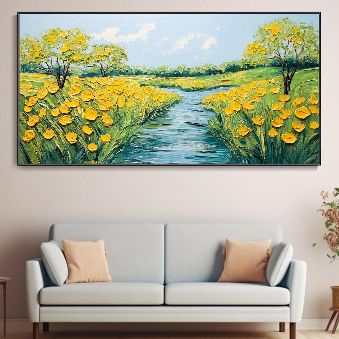 Yellow Flower Field By The Stream Blue Sky Impasto Landscape Poster
