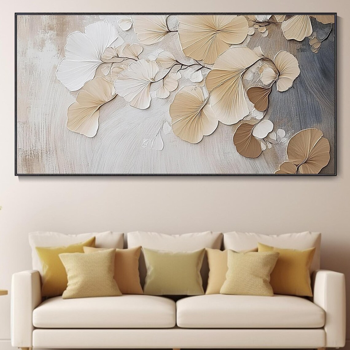 Soft Beige Ginkgo Leaves Textured Botanical Painting Neutral Poster