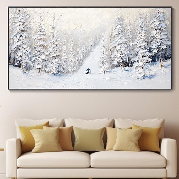 Snowy Pine Tree Forest Painting On Original Ski Sport 3d Texture Wall Art Personalized Gift Snowy Mountain Art White Snow Skiing Art