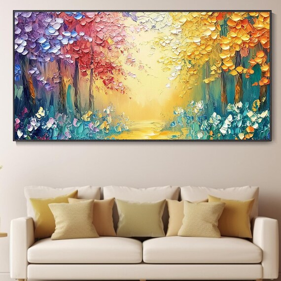 Vibrant Garden Textured Wall Art Original Forest Painting On Colorful Nature Artwork Contemporary Abstract Art Living Room Wall Art