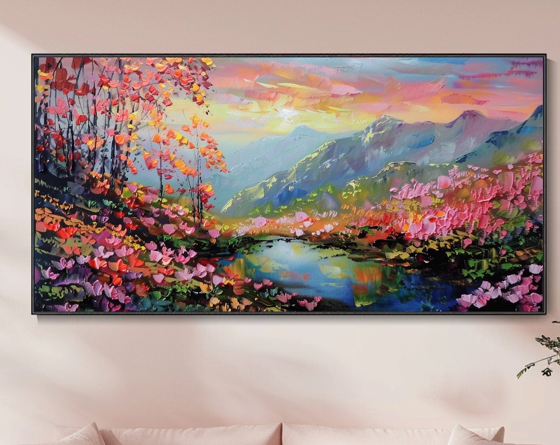 Sunset Mountain Valley with River and Blossom Trees Landscape Poster