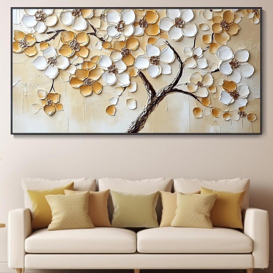 Gold And White Blossom Tree Textured Floral Painting Wide Wall Poster
