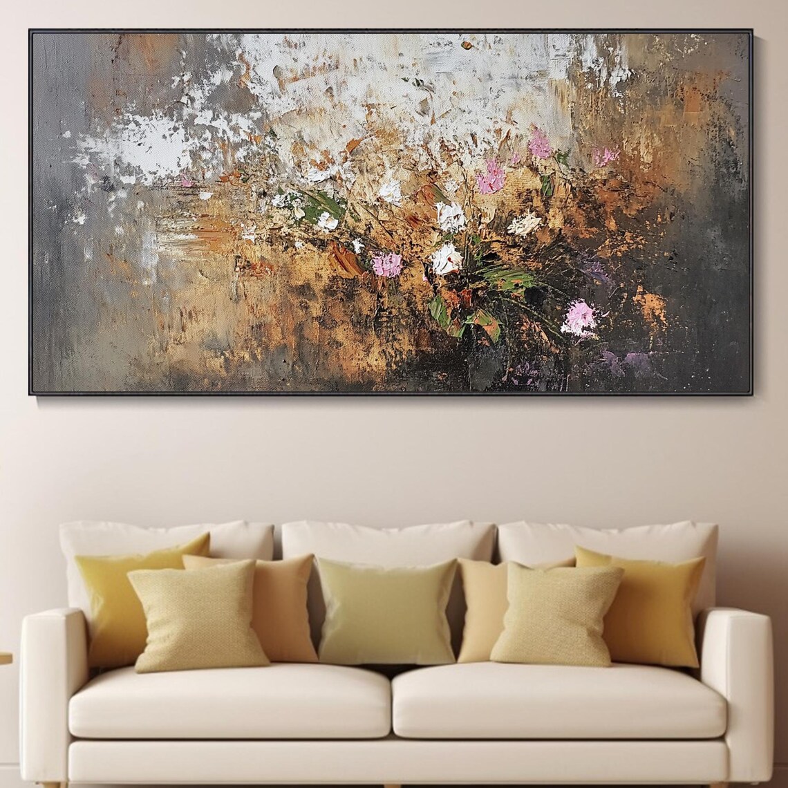Moody Abstract Pink Blossoms On Dark Gray Gold Textured Poster
