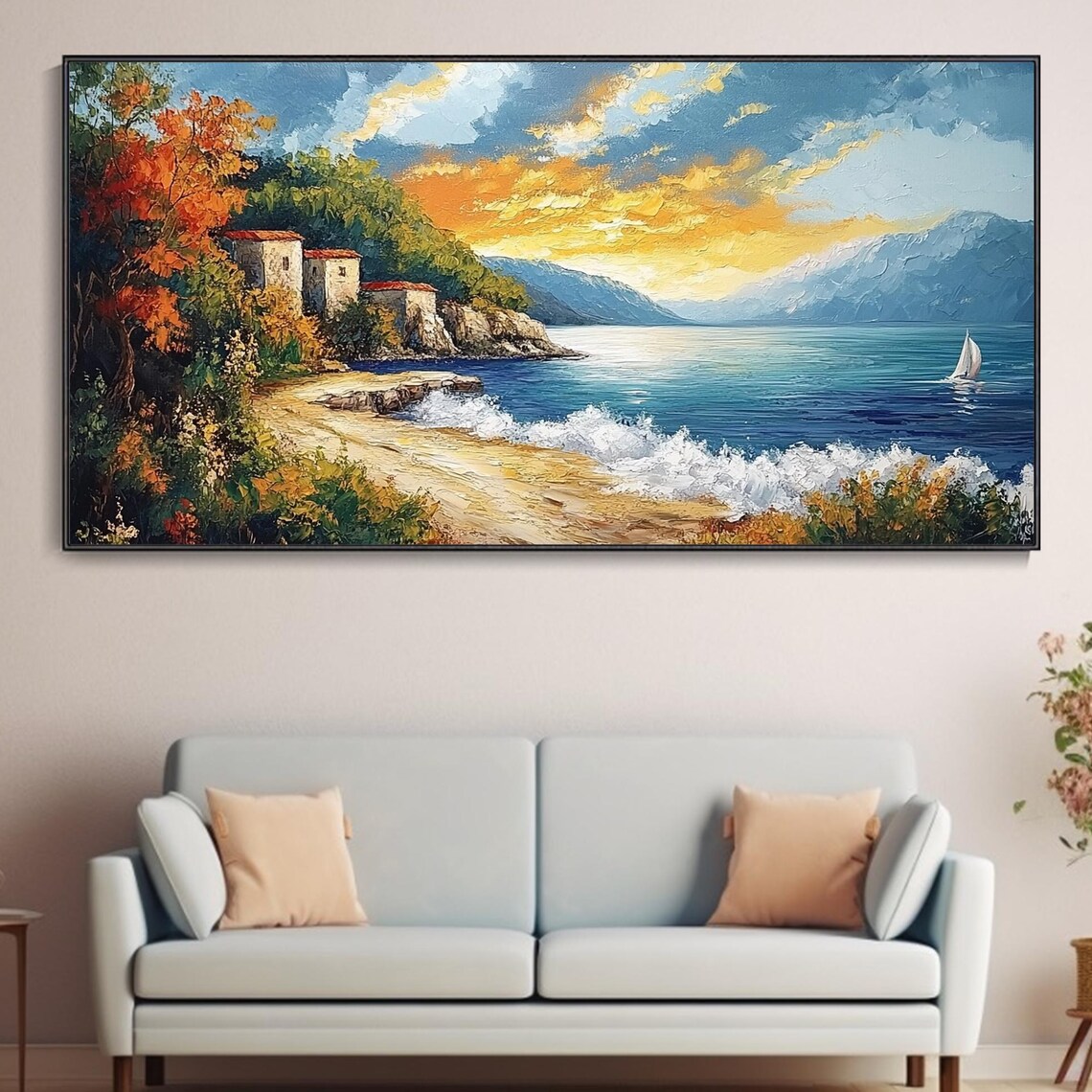 Mediterranean Coastal Village At Sunset Sailboat Waves Impasto Poster