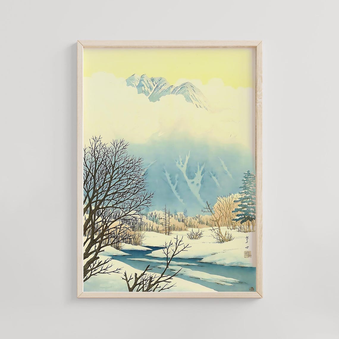 Spring Snow at Kamikochi Mountain Stream Bare Trees Woodblock Poster