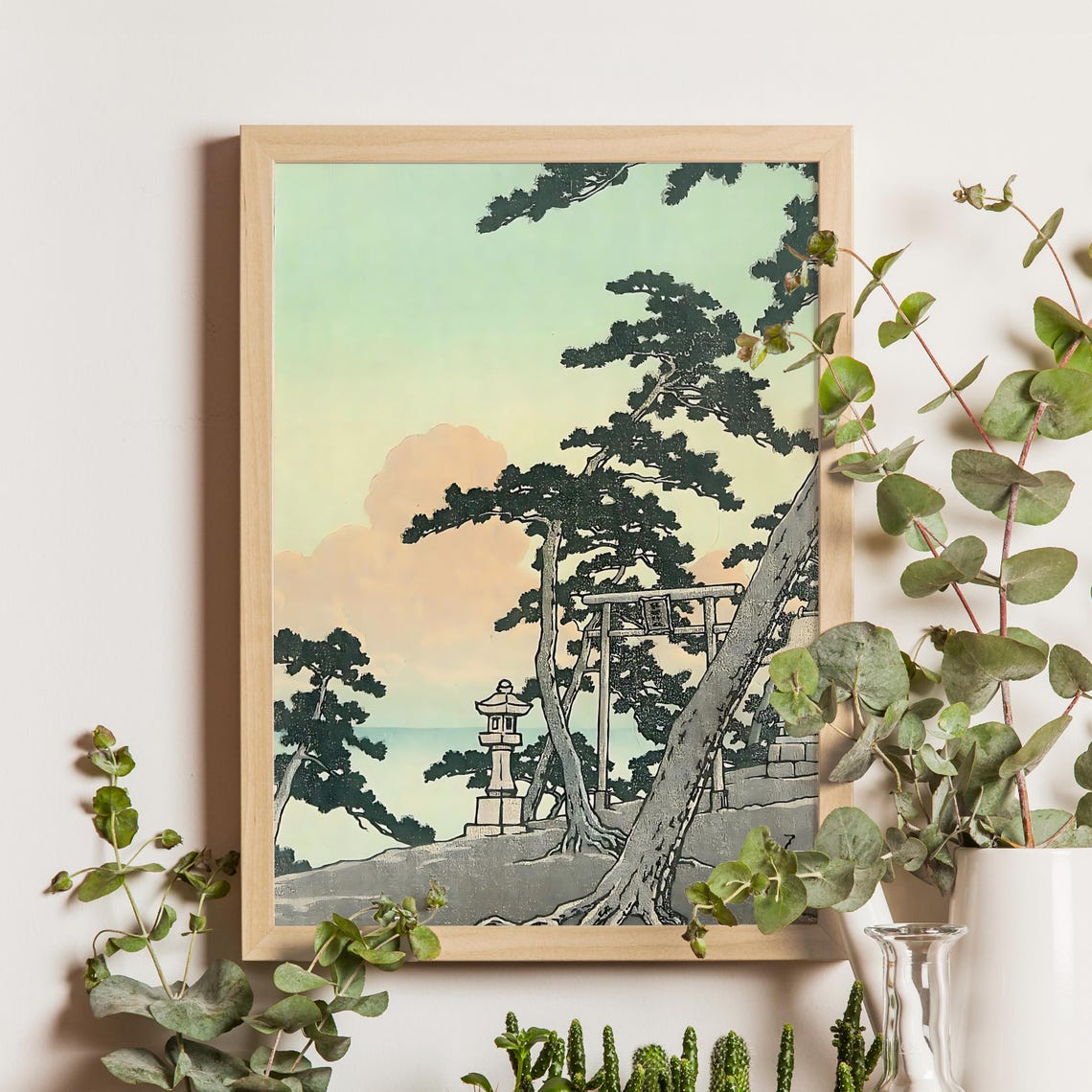 Kawase Hasui Clouds Aglow Sunset Pines Stone Lantern Woodblock Poster