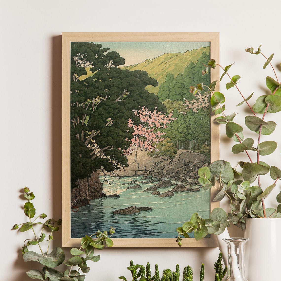 Cherry Blossoms Along a Rocky Mountain River in Spring Poster