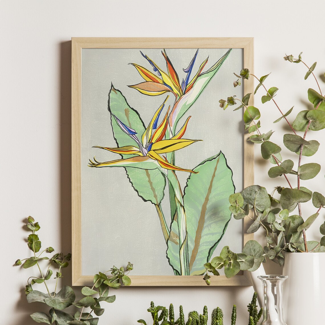 Bird of Paradise Tropical Flower Bold Stylized Woodblock Poster