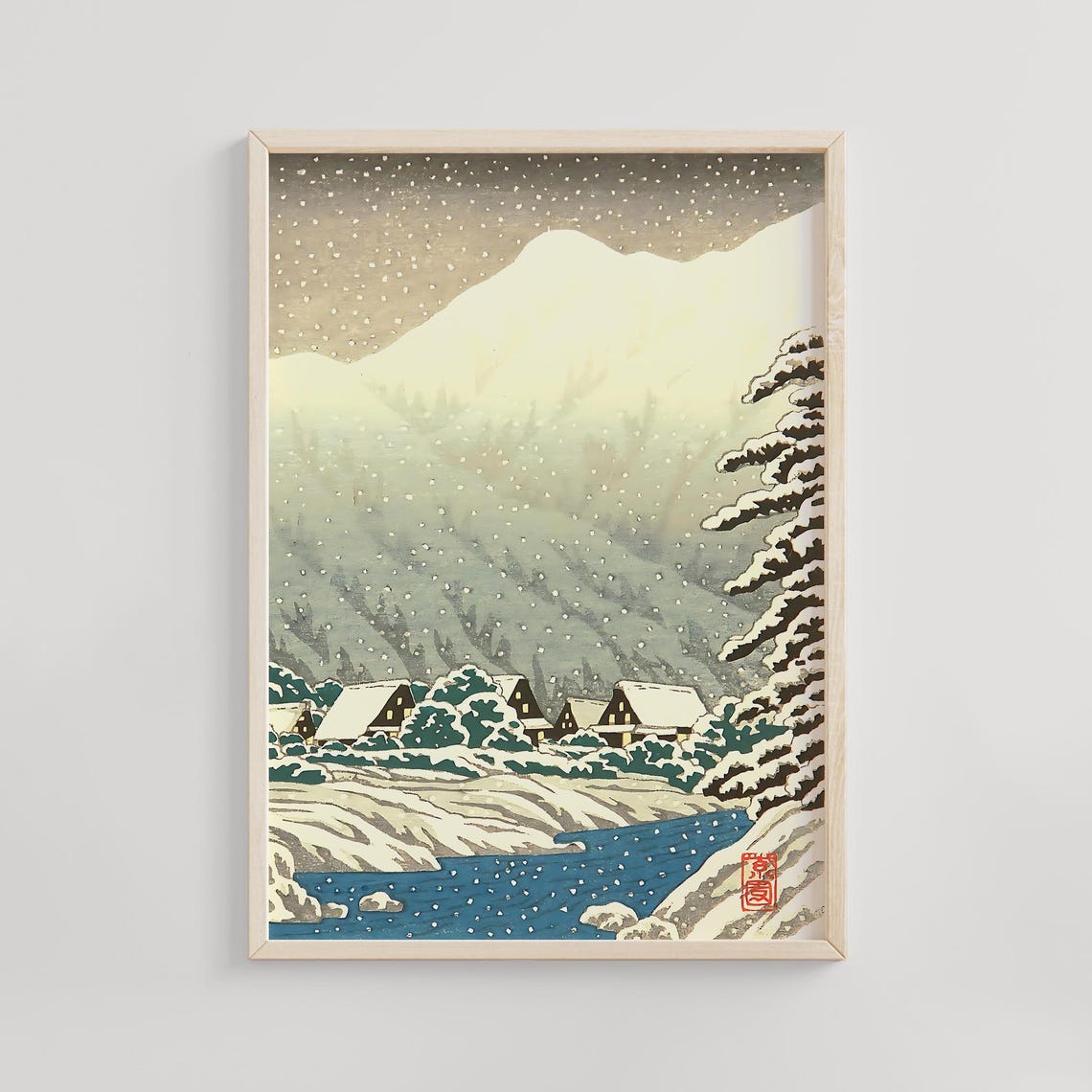 Village In Snowy Valley Shien 1930 Japanese Winter Landscape Print Snowcovered Houses Seasonal Rural Scene Collectible Wall Poster