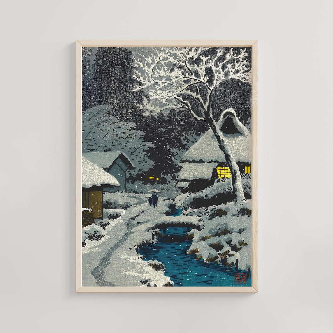 Twilight Snowfall Village Scene Shiro Kasamatsu Woodblock Poster