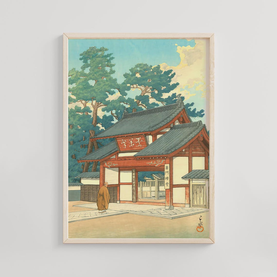 Vermilion Temple Gate with Monk and Tall Pines on Sunny Day Wall Art