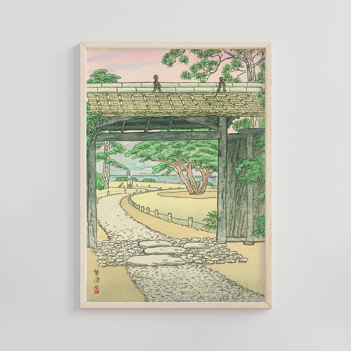 Rokugien Garden Gate Kasamatsu Shiro Pine Tree Woodblock Poster