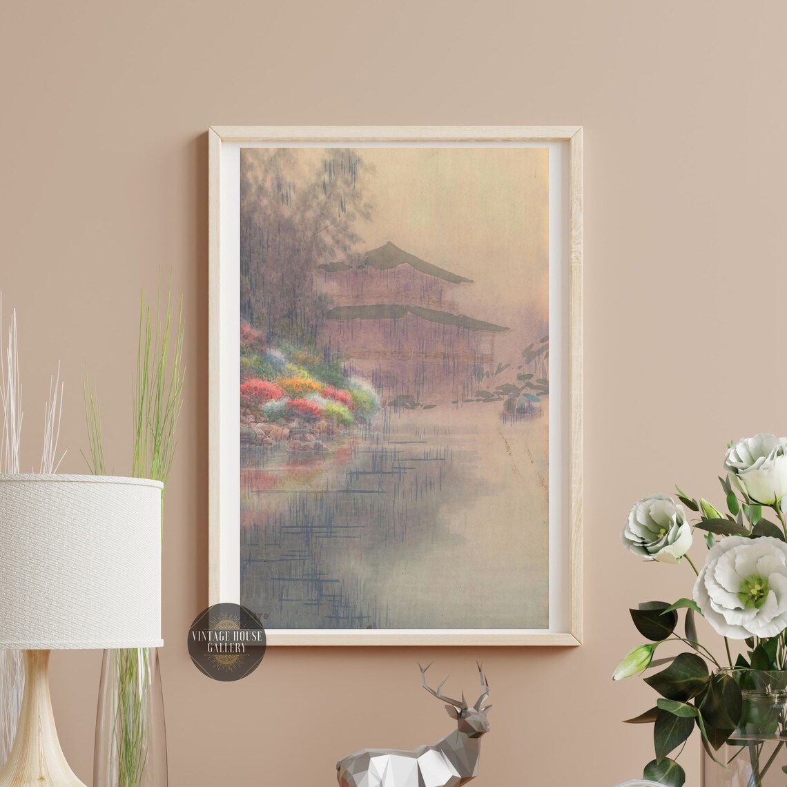 Temple by River with Chrysanthemum Mounds Soft Pastel Woodblock Poster