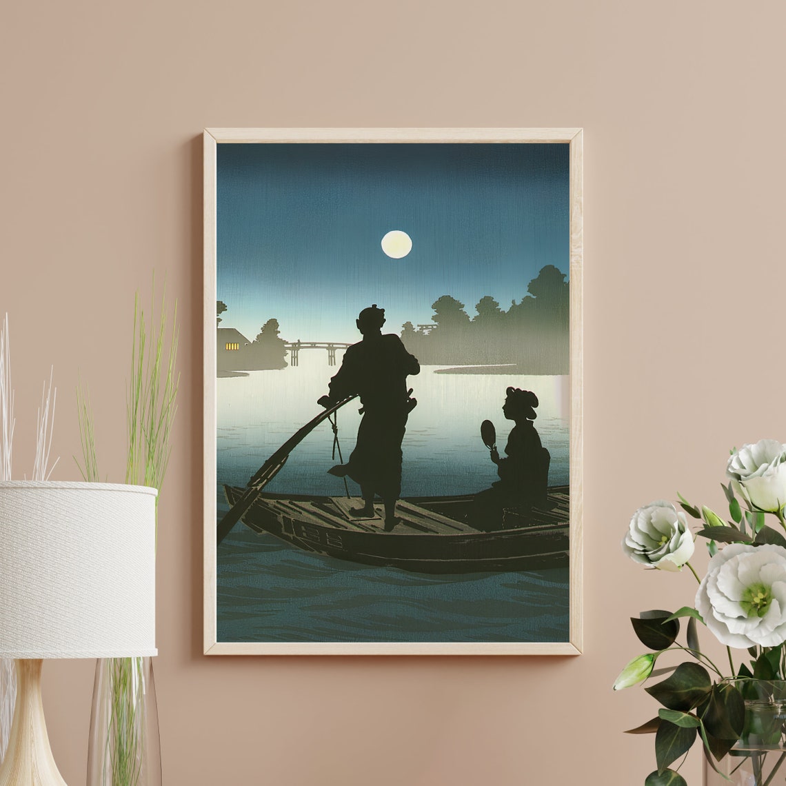 Moonlit Boat Ride Silhouettes Japanese Woodblock Night Art Poster