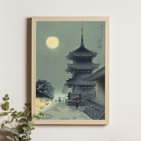 Misty Moon at Kiyomizu Asada Benji Temple Night Woodblock Poster