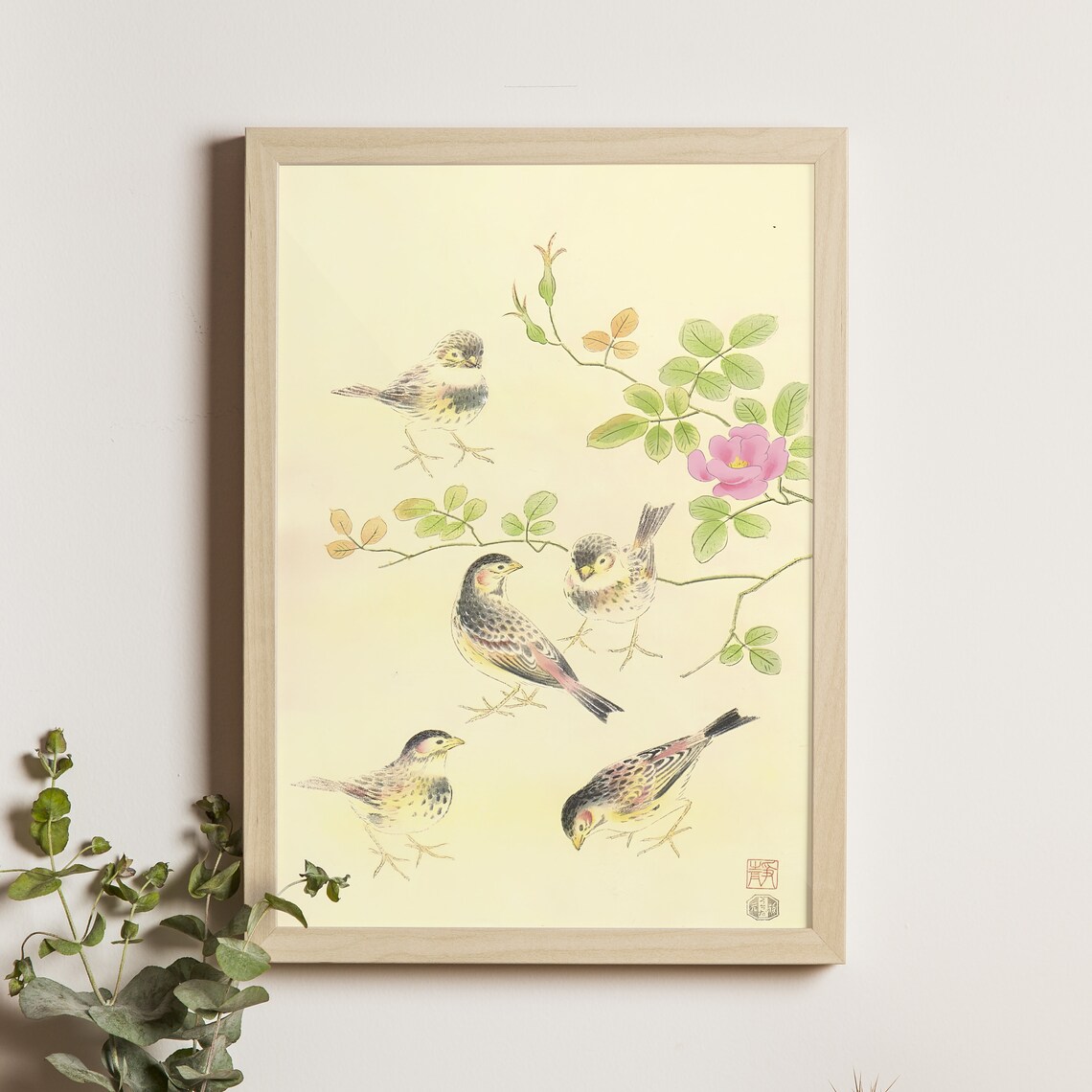 Rosy Finch and Wild Rose Ukiyo-e Art Print