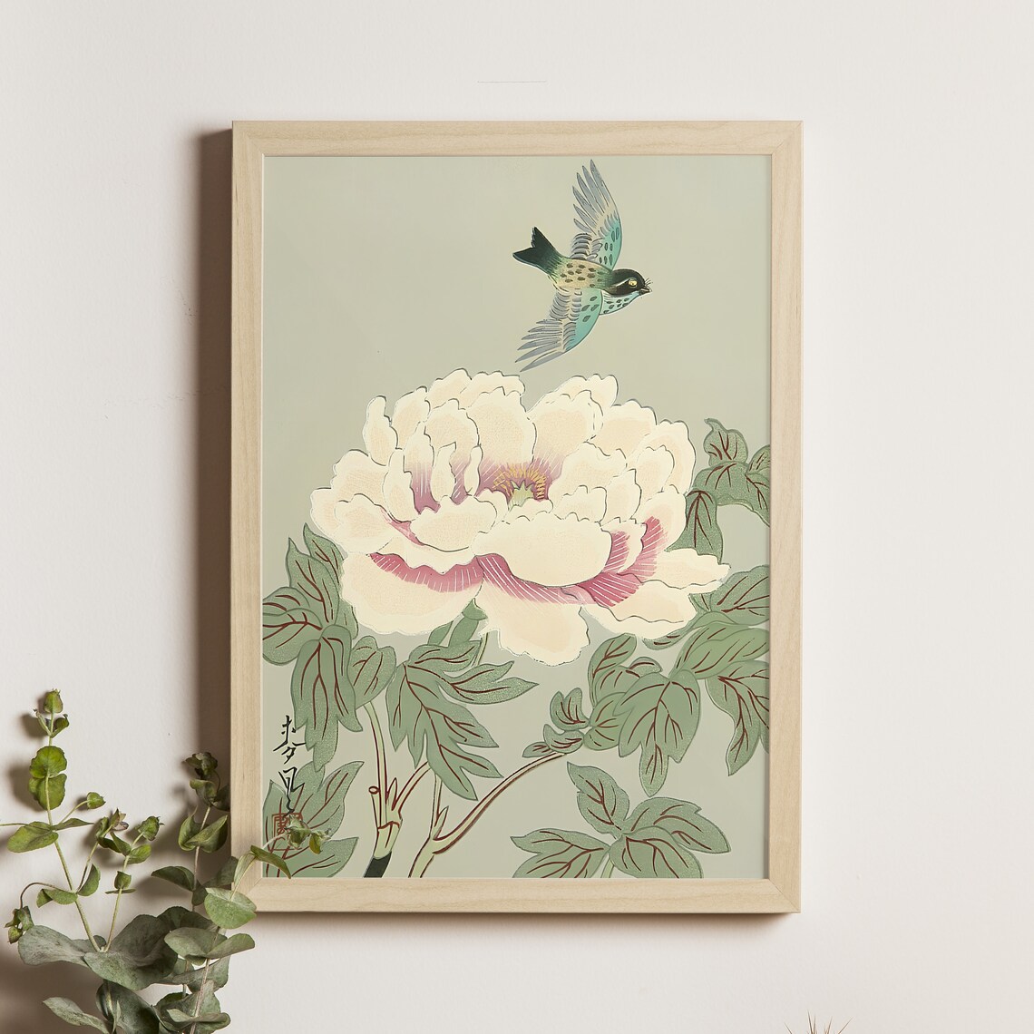 White Peony Blossom and Bird Ohno Bakufu Japanese Flower Poster