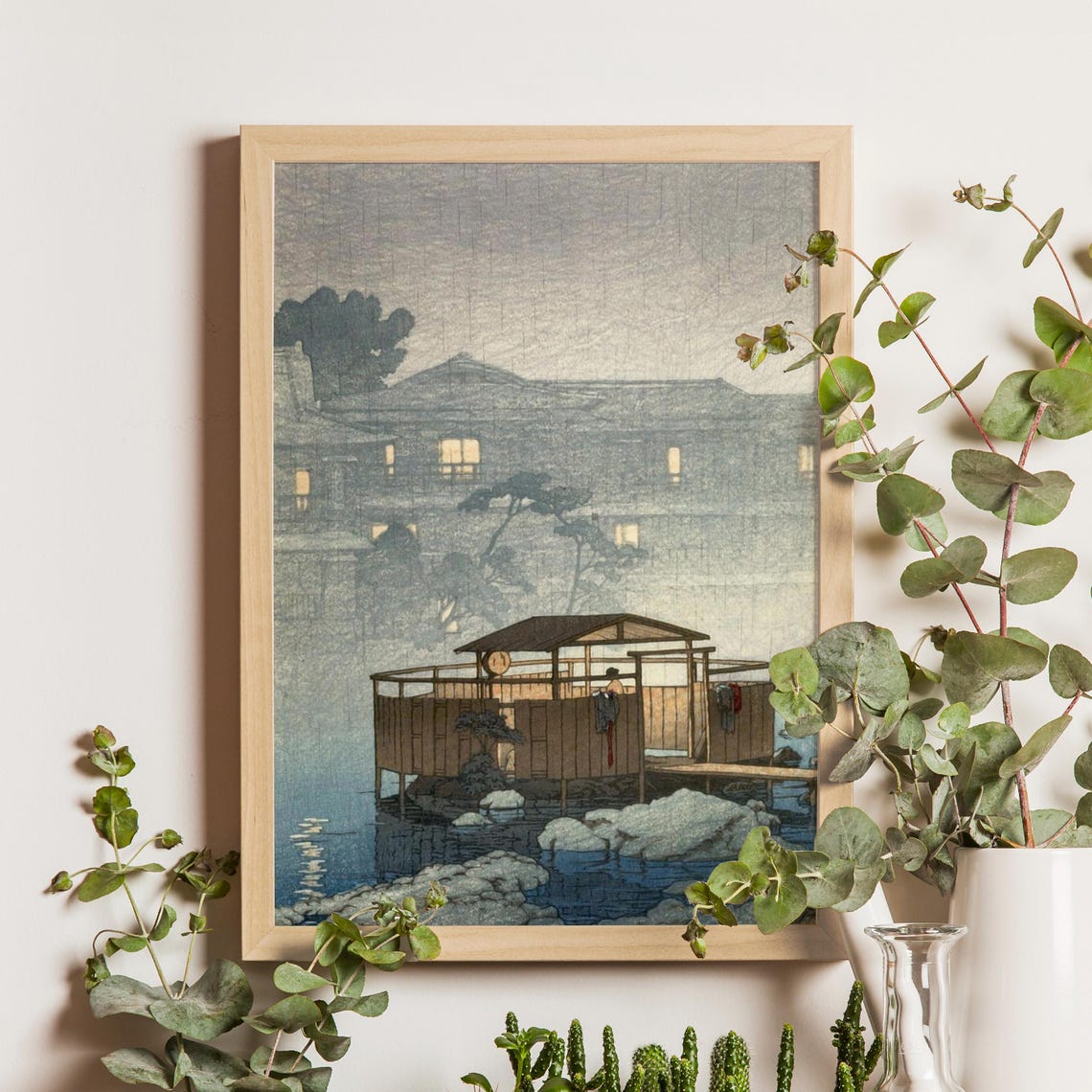 Open Air Bathhouse at Night in Falling Rain with Lit Windows Print