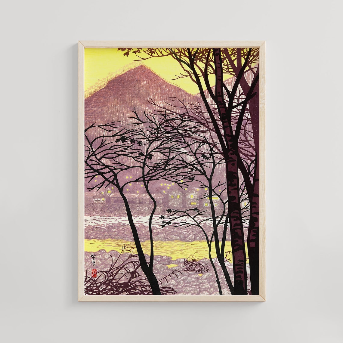 Mountain Village Glowing Sunset Bare Winter Trees Woodblock Poster
