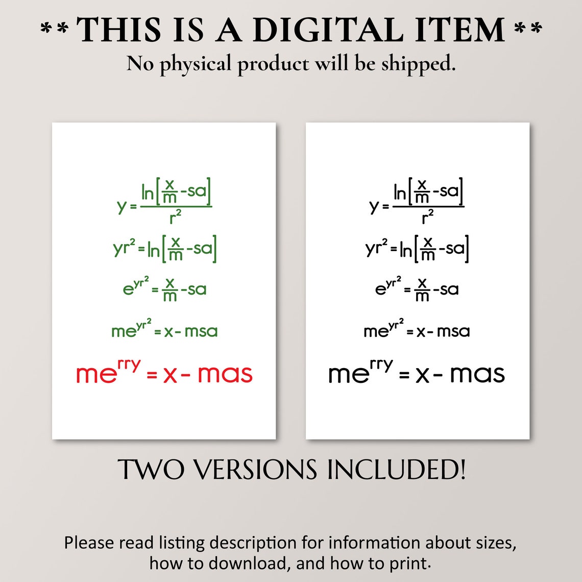 Merry Xmas Math Equation Two Included Versions Christmas Print