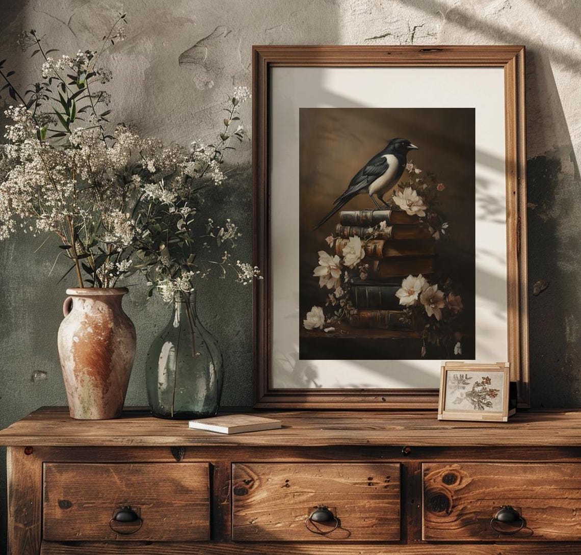 Magpie Perched On Stack Of Old Books Vintage Bird Art Poster - Image 3