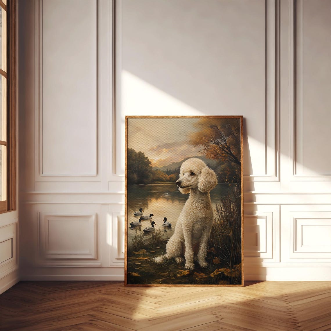 White Standard Poodle Sitting By A Lake At Sunset With Ducks Poster - Image 2