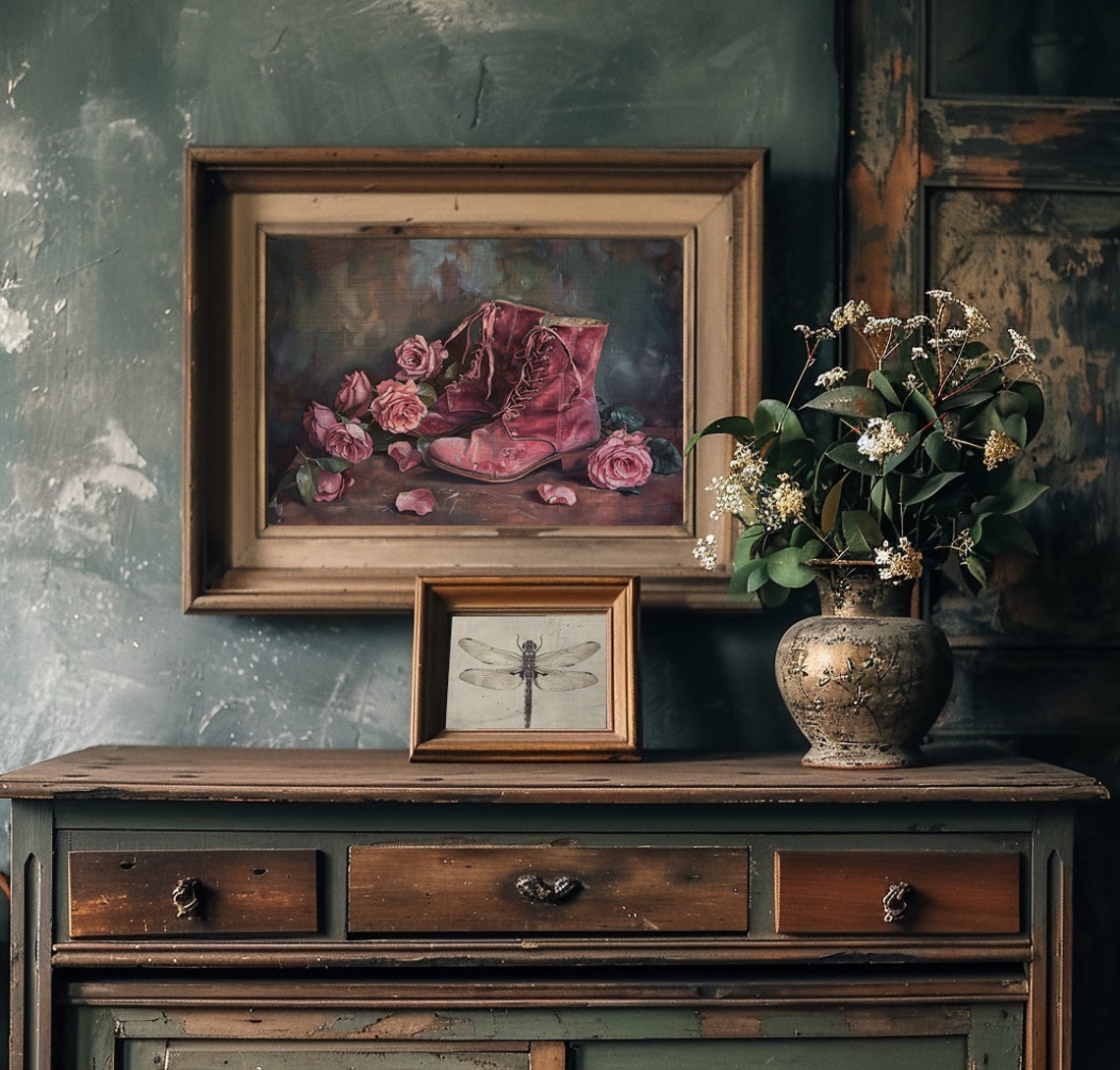 Vintage Red Lace-Up Boots With Pink Roses Moody Still Life Poster - Image 3