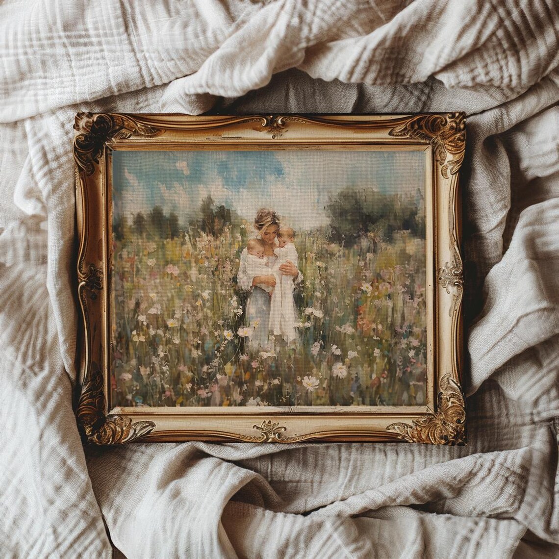 Mother Holding Two Babies In Sunlit Wildflower Field Art Poster - Image 3