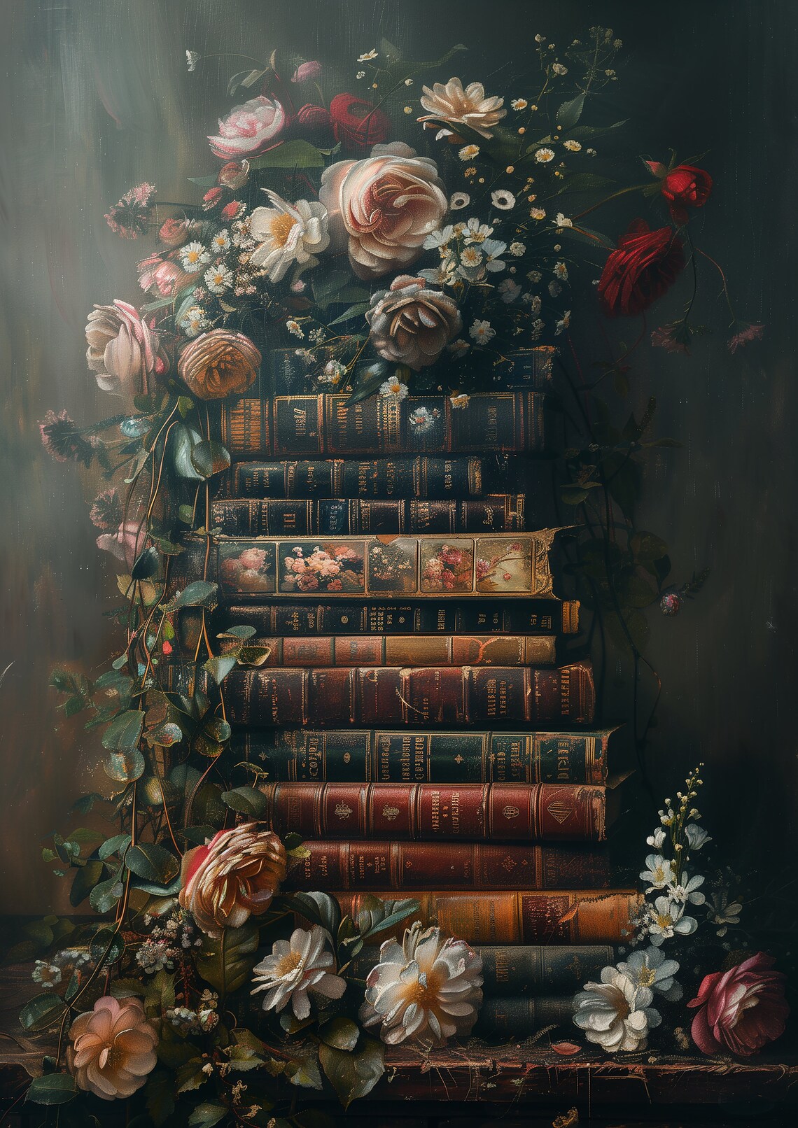 Vintage Books Stacked High with Roses and Trailing Green Vines Poster - Image 3